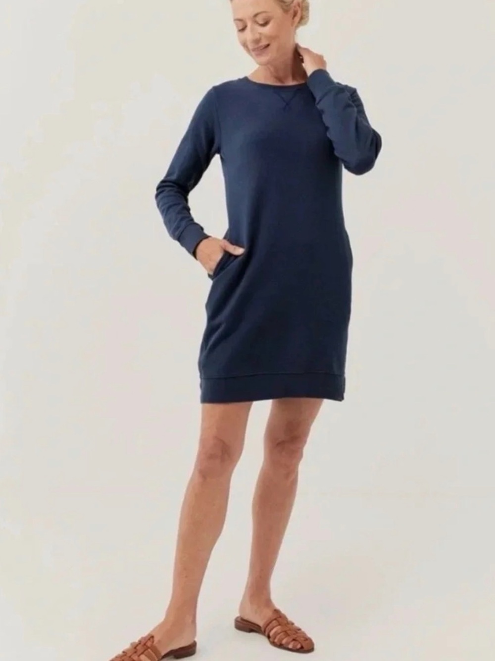 PACT The Downtime Essential French Terry Long Sleeve Sweatshirt Dress Navy Sz S